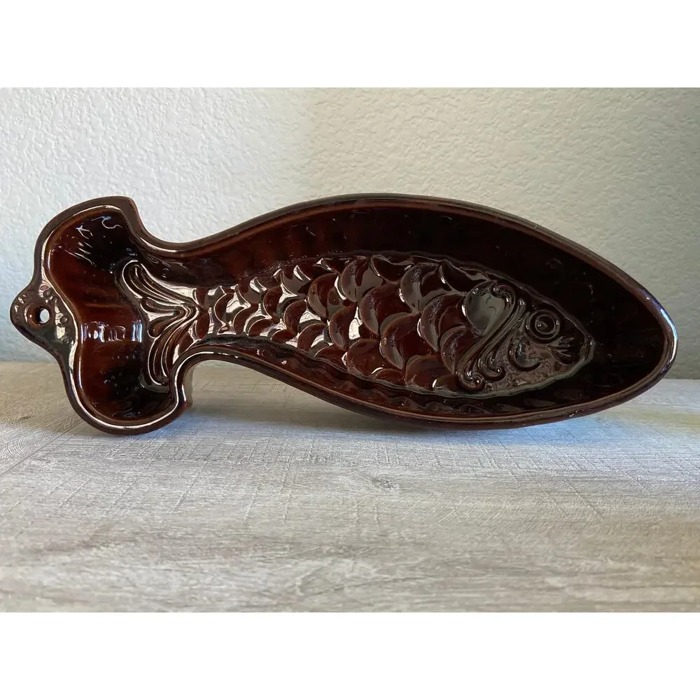 Vintage Redware Pottery West Germany Ceramic Brown Glaze Fish Mold Form